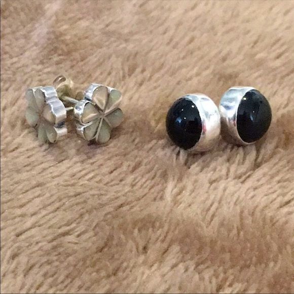Sterling Silver Stud Bundle - Onyx Cabochon & Mother of Pearl Floral Inlay - Picture 11 of 11